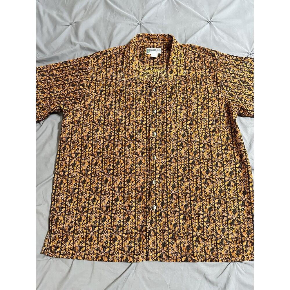Haband mens XL Shirt Orange Dark Brown print button down Short Sleeve